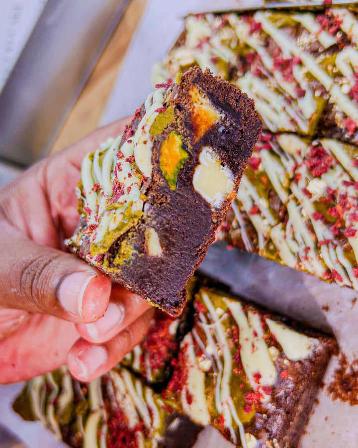 Rose Water Infused Brownies with White Chocolate and Pistachio