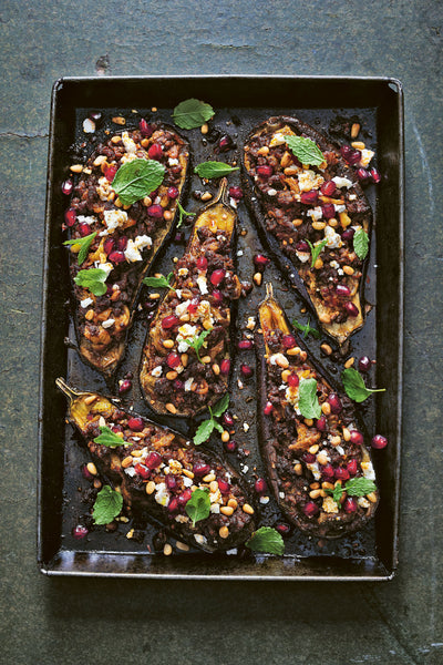 Lamb Stuffed Aubergines with Feta and Pomegranate