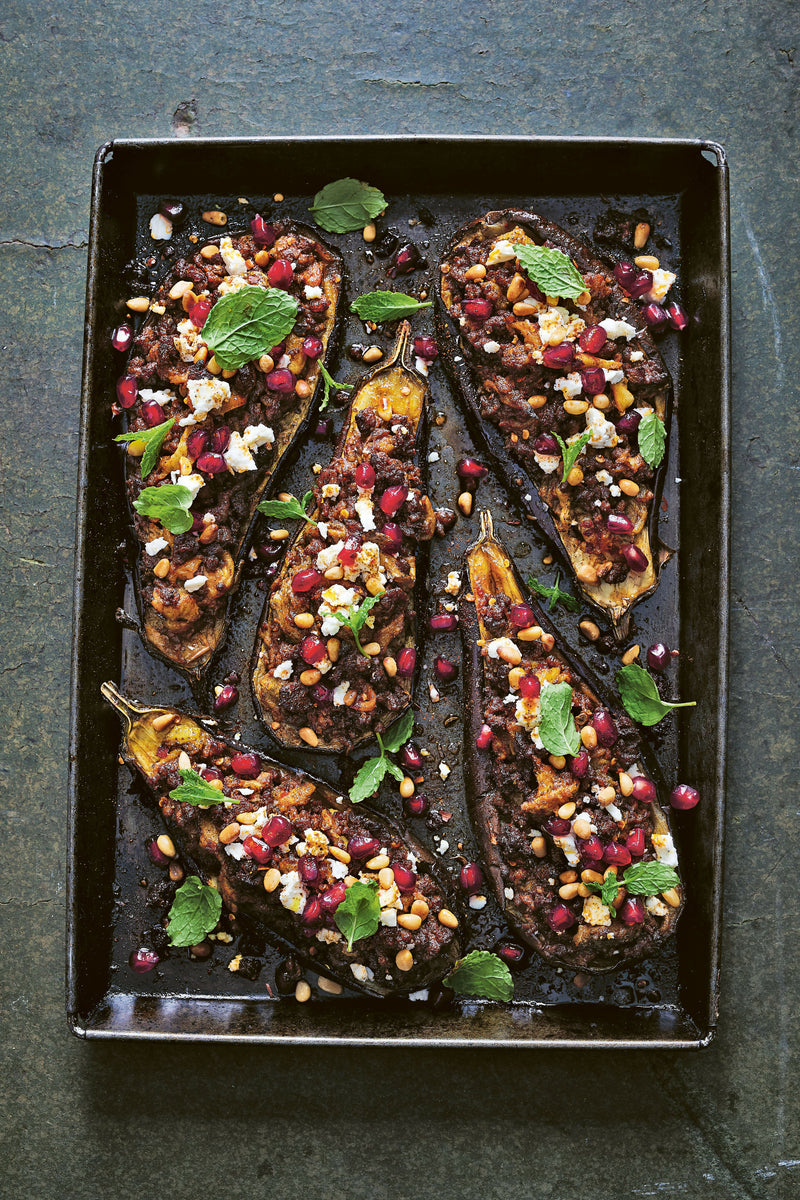 Lamb Stuffed Aubergines with Feta and Pomegranate