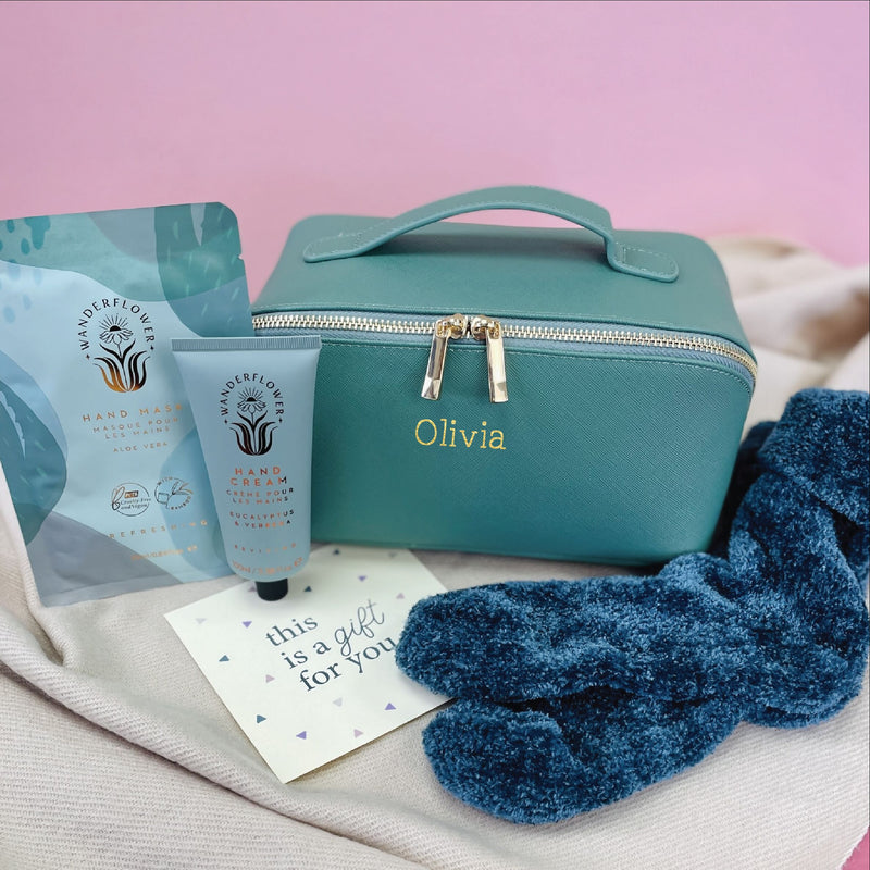 Personalised Green Open Flat Washbag Beauty Gift Set