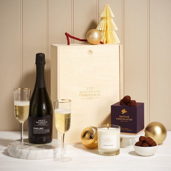 Wooden Gift Box With Candle, Mayfair Truffles & Bubbly