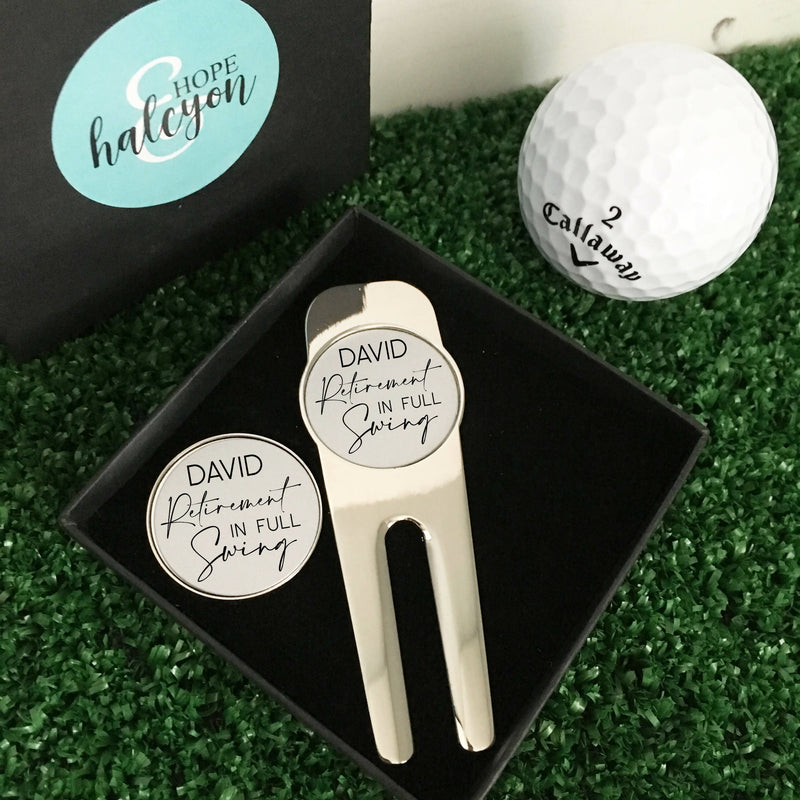Personalised Retirement In Full Swing Golf Divot Tool And Ball Marker Set
