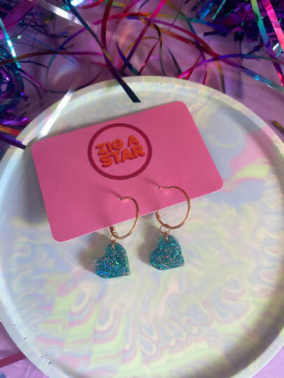 Blue Tinsel Heart Glitter Hoop Earrings // Resin Earrings, Christmas Earrings