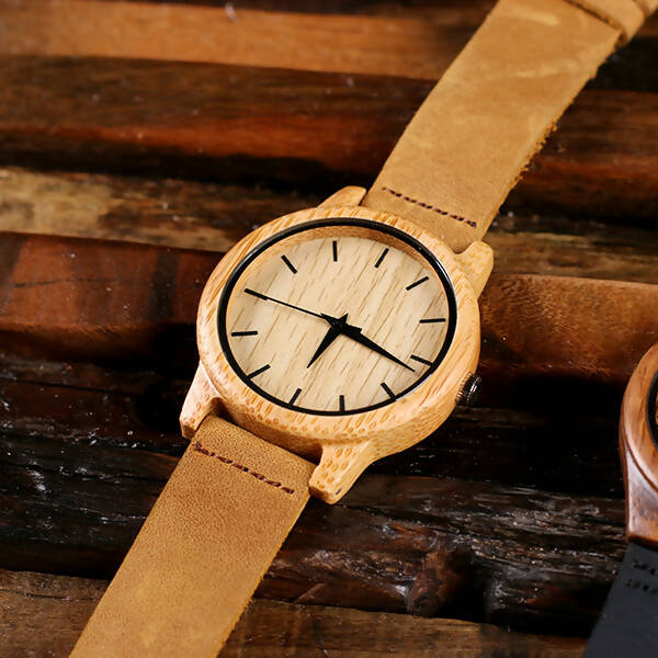 Personalised Bamboo Watch With Leather Straps In Safari