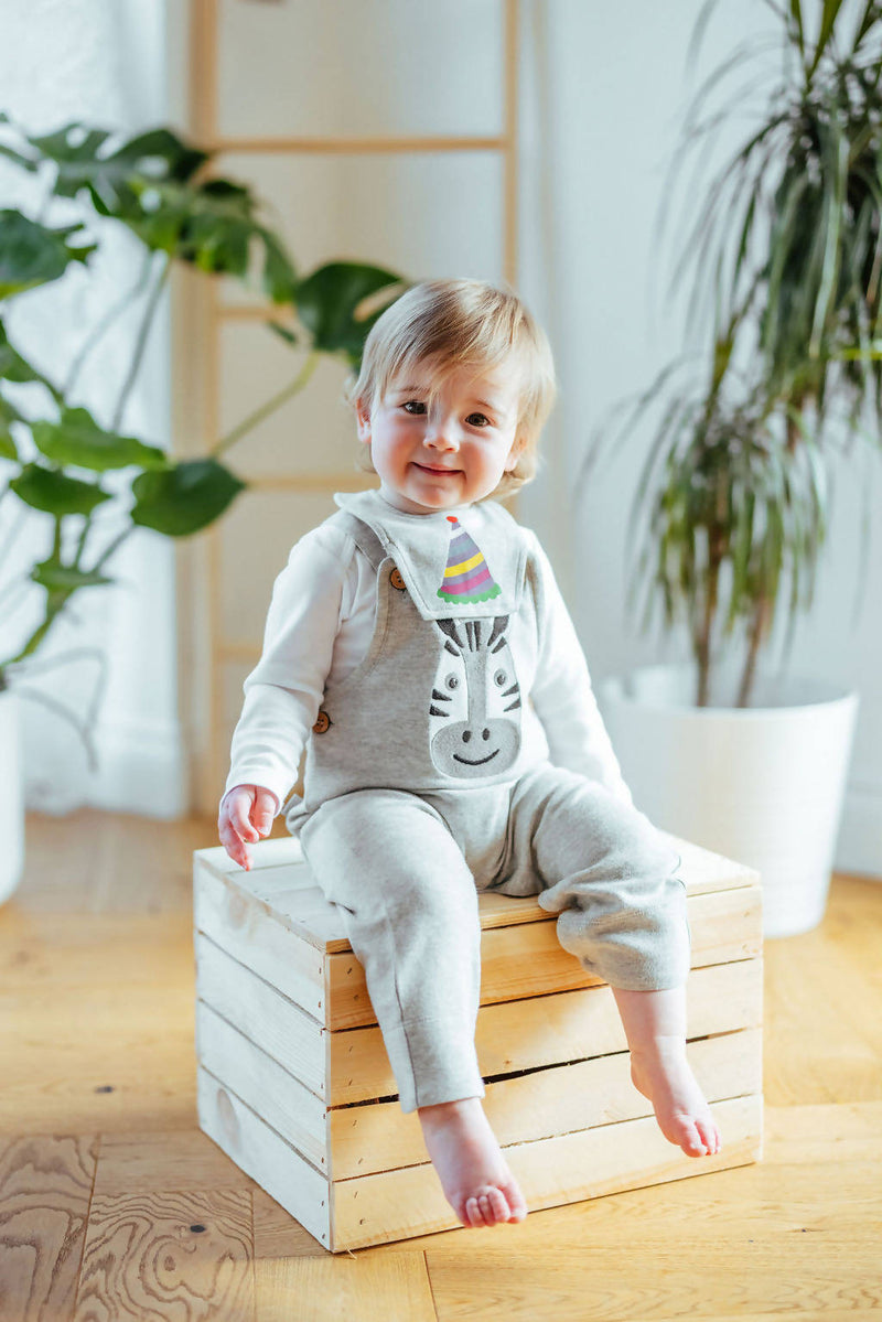 Embroidered animal dungarees with two matching bibs