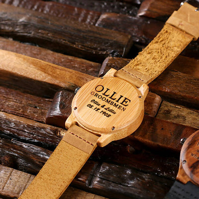 Personalised Bamboo Watch With Leather Straps In Safari