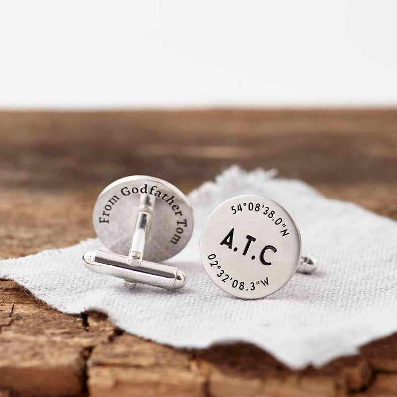 Personalised Coordinate And Initials Silver Cufflinks