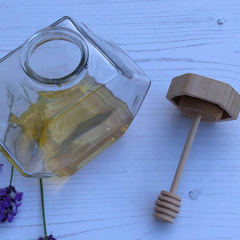 Bee Happy wood and glass hexagonal honey pot jar with built in drizzler spoon