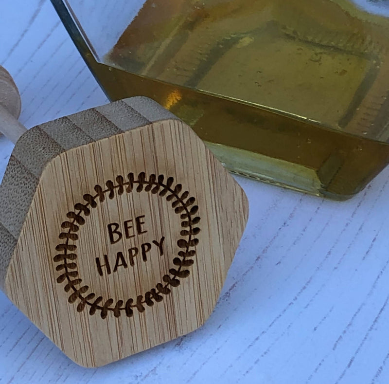 Bee Happy wood and glass hexagonal honey pot jar with built in drizzler spoon