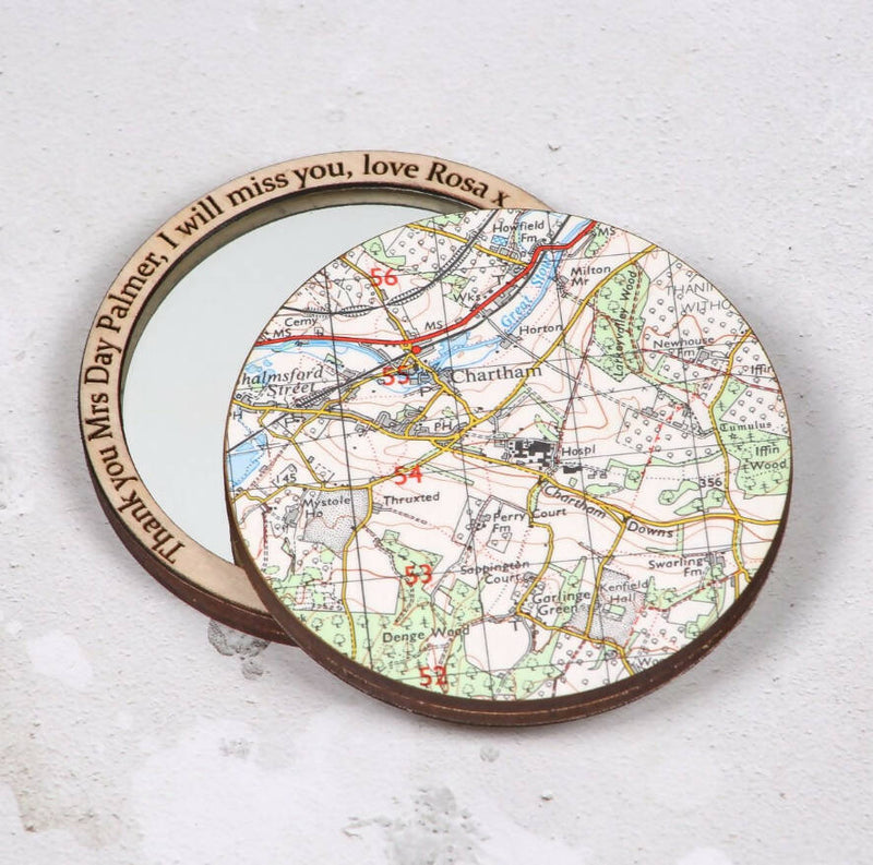 Personalised Engraved Map Location Pocket Mirror