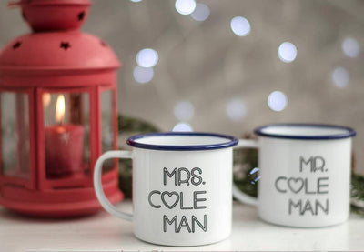 Personalised Mr and Mrs Mugs - Enamel Mug Wedding Gift - Couples Camping Mugs