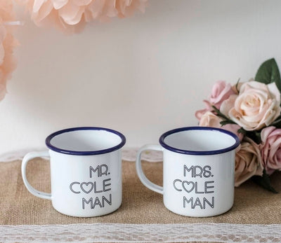 Personalised Mr and Mrs Mugs - Enamel Mug Wedding Gift - Couples Camping Mugs