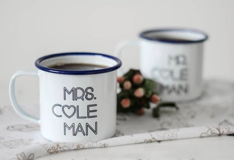 Personalised Mr and Mrs Mugs - Enamel Mug Wedding Gift - Couples Camping Mugs