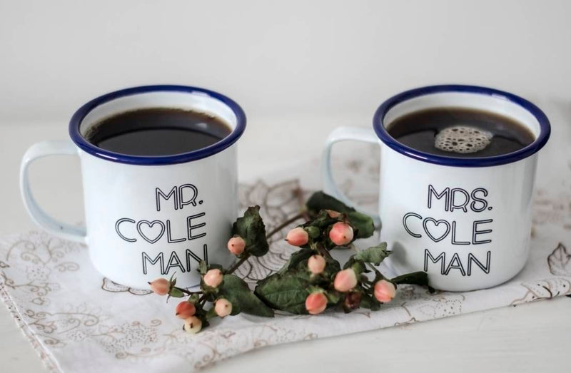 Personalised Mr and Mrs Mugs - Enamel Mug Wedding Gift - Couples Camping Mugs