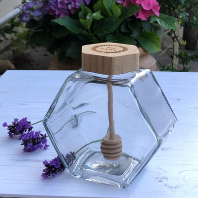 Bee Happy wood and glass hexagonal honey pot jar with built in drizzler spoon