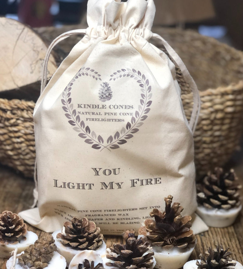 You Light My Fire Kindle Cone Firelighters in a printed cotton bag